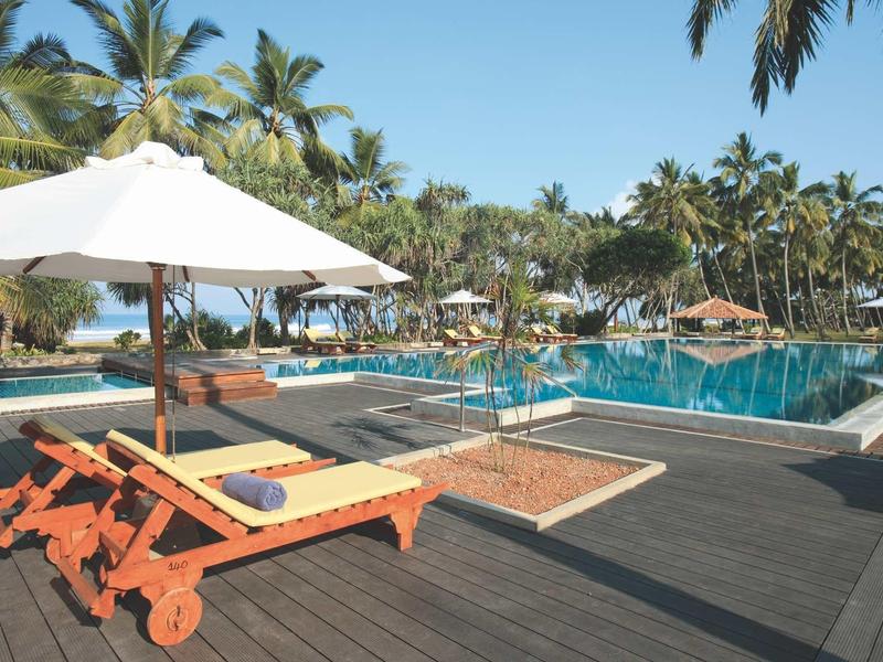 Modern buitenzwembad met ligstoelen en parasols omgeven door palmbomen.