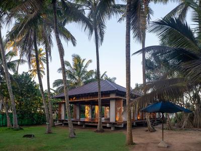 Ein Bungalow mit Veranda und Hängematten, umgeben von Palmen auf einem grünen Rasen nahe dem Strand.