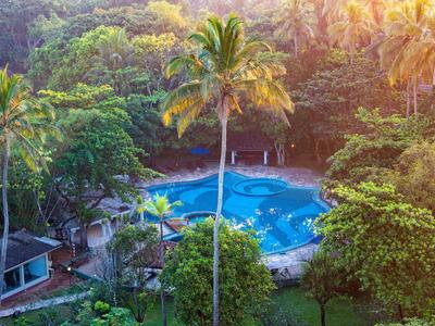 Ein von Palmen umgebener blauer Pool inmitten tropischer Vegetation bei Sonnenuntergang.