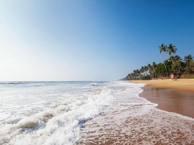 Ein breiter Sandstrand mit sanften Wellen und Palmen unter klarem, blauem Himmel.