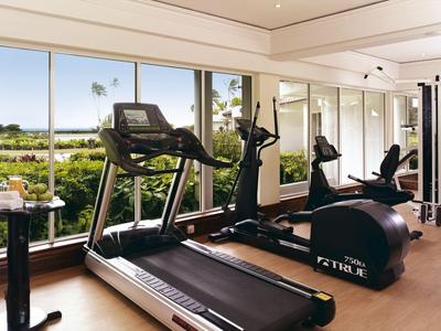 Modern gym with treadmill and exercise machines overlooking a green landscape.