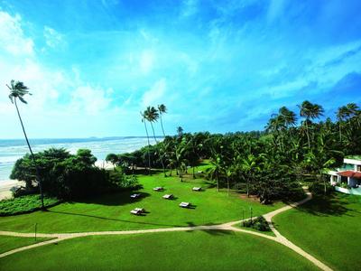 Pelouse verte avec des palmiers et un bâtiment près de la plage sous un ciel bleu.