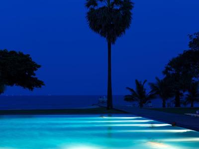 Beleuchteter Pool bei Nacht mit Palmen und dunklem Himmel im Hintergrund.