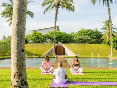 Drie mensen mediteren op yogamatten bij een meer met tropische palmbomen.
