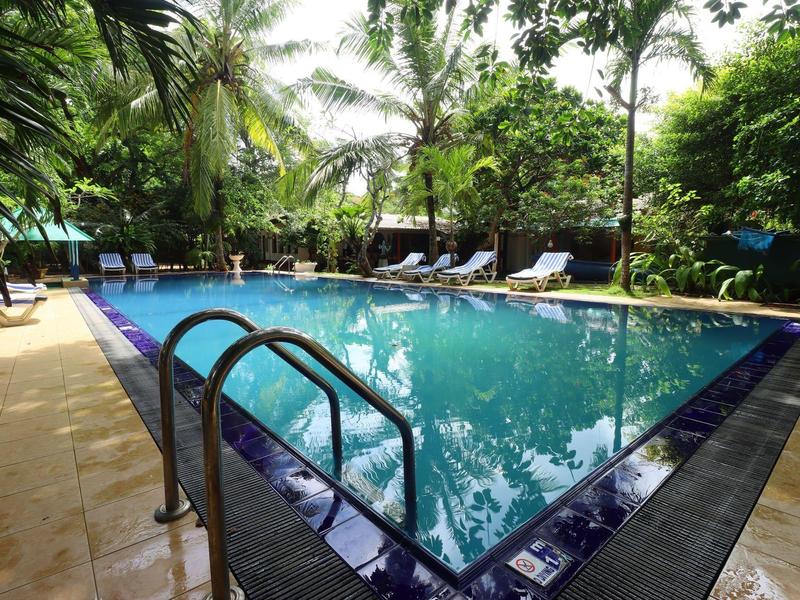 Ein ruhiger Pool in einem tropischen Garten mit vielen Liegestühlen und Palmen.