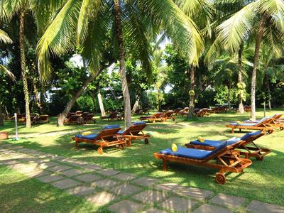 Sun loungers under palm trees on a green lawn in the hotel garden.