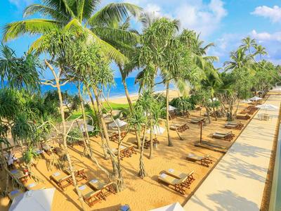 Spiaggia con lettini e palme accanto a una lunga piscina sotto un cielo azzurro.