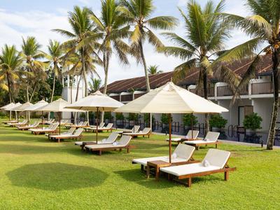 Fila di lettini con ombrelloni su prato verde davanti a un hotel tropicale.