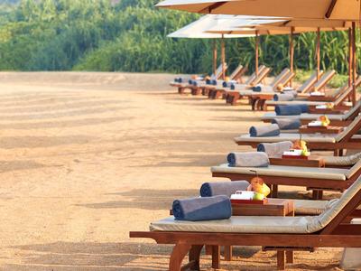 Reihe von Liegestühlen mit Handtüchern und Schirmen am Sandstrand bei grünem Hintergrund