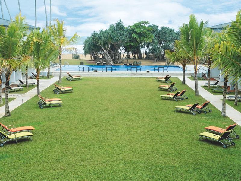 Große grüne Rasenfläche mit Liegestühlen, umgeben von Palmen und einem blauem Schwimmbecken im Hintergrund.