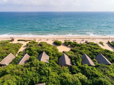 Řady plážových bungalovů zasazených v zelené vegetaci s výhledem na oceán.