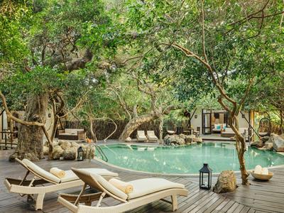 Poklidná oblast u bazénu s lehátky na dřevěné terase obklopené stromy.