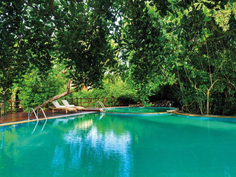 Una piscina tranquilla circondata da verde fitto e due lettini bianchi.