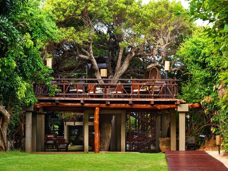 Lodge in legno su due piani circondata da alberi con terrazza e prato verde davanti.