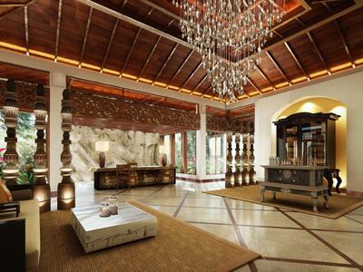 Elegante Hotellobby mit Kronleuchter, Ledersesseln und Holzmöbeln auf Fliesenboden.