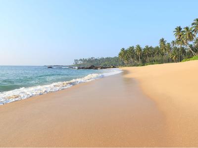 Dämmerung an einer Küste mit Palmen und Lichtern am Strand unter bewölktem Himmel.
