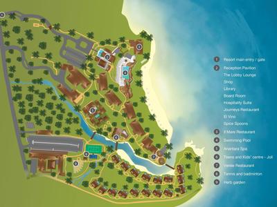 Karte eines Strandresorts mit Pools, Restaurants, Unterkünften und Strandzugang.