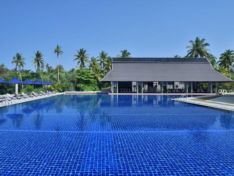 Grande piscina a sfioro con pavimento piastrellato blu in resort tropicale con palme.