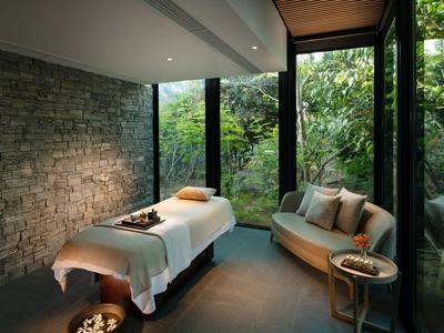 Moderní spa místnost s ošetřovacím lehátkem, cihlovou zdí a velkými okny s výhledem do zahrady.