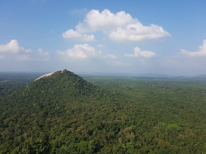 Grüner bewaldeter Hügel unter blauem Himmel mit einigen weißen Wolken.