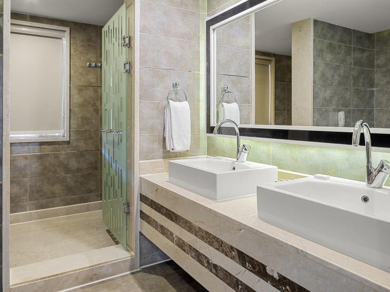 Modern bathroom with shower, large mirror, and double sink.
