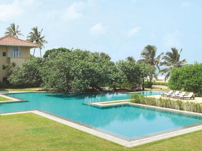 Großer Außenpool mit Liegestühlen, umgeben von Palmen und einem Haus im Hintergrund.