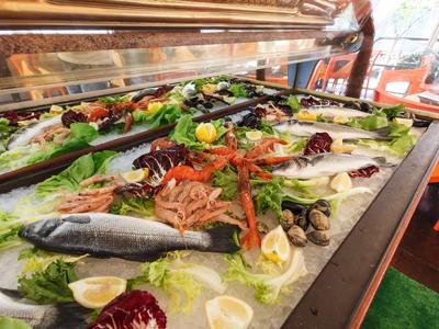Fresh seafood buffet with shrimp, fish, and salad displayed on ice.