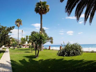 Green garden area with palm trees and a view of the sea under a clear sky.