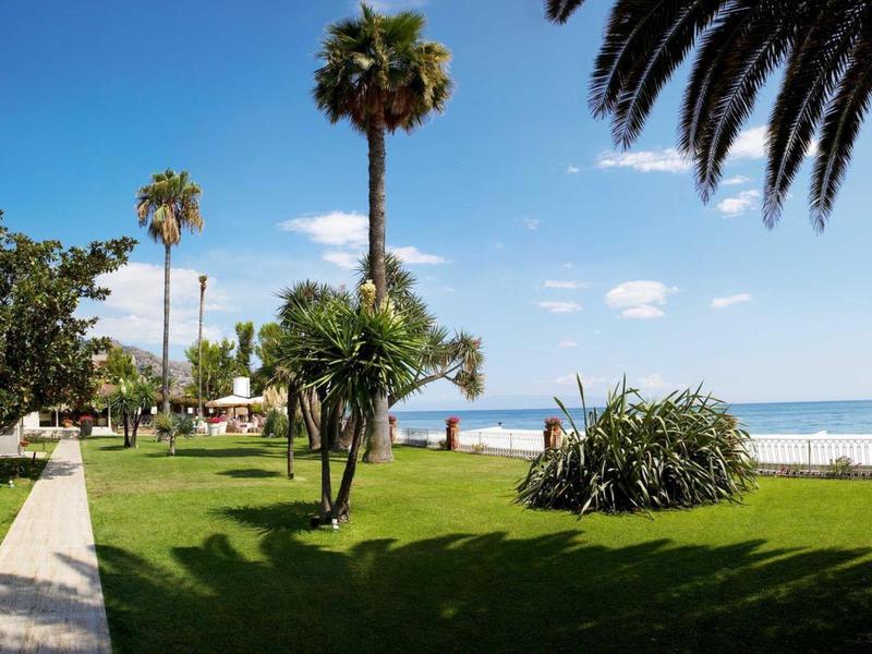 Green garden area with palm trees and a view of the sea under a clear sky.