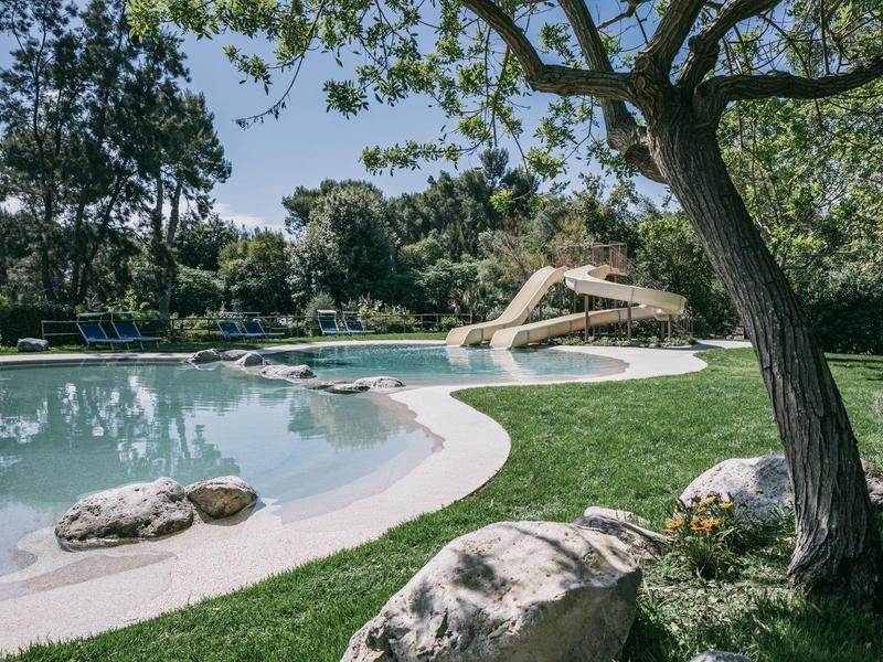 Ein Pool mit Wasserrutsche, umgeben von grünen Bäumen, Rasen und Felsen bei sonnigem Wetter.