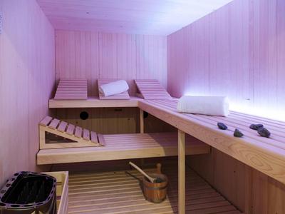 Moderne Holzsauna mit Liegen, Kopfkissen, Eimer, Schöpfkelle und Saunaofen mit Steinen.