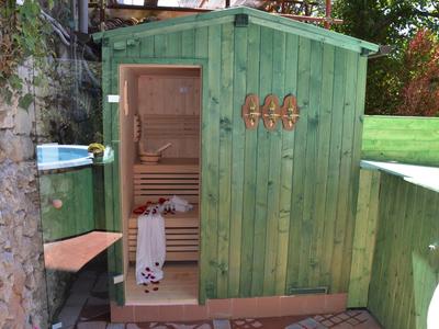 Grünes Holzhäuschen mit offener Tür zeigt eine Sauna im Garten neben einem Baum.