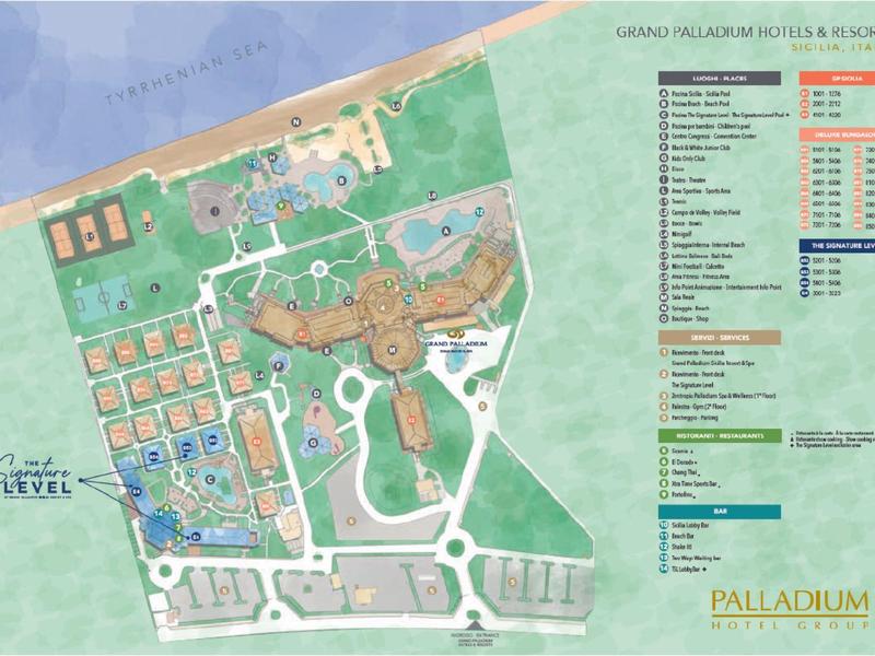 Resort map showing pools, restaurants, tennis courts, and rooms layout with legend and pricing.