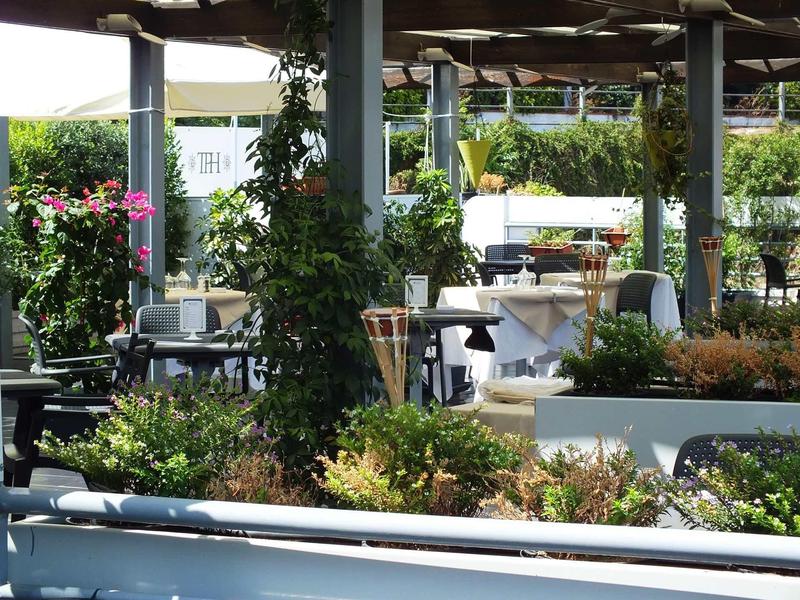 Overdekt buitenterras met tafels, stoelen en weelderig groen in een hotel tuin.