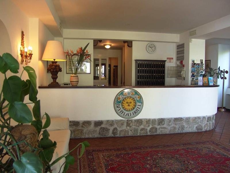 Bright hotel lobby with reception desk, carpet, and large plant in foreground.