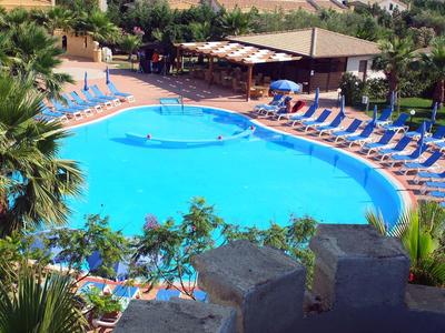 Runder blauer Pool mit Liegestühlen und Sonnenschirmen, umgeben von Palmen und Steinmauern.