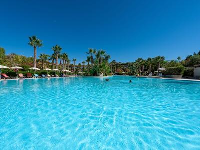Großer blauer Hotelpool mit Palmen und Liegen unter klarem Himmel.