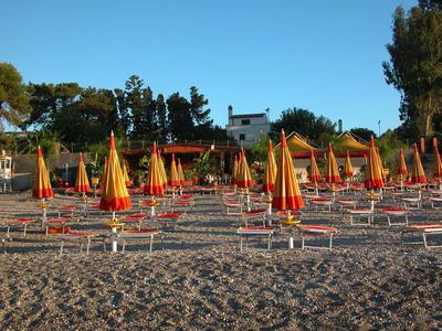 Many closed beach umbrellas and lounge chairs on a pebble beach under a clear sky.