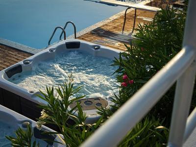 Hot tub with bubbles and surrounding plants next to a wooden deck and pool