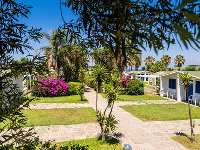 Resort verde con bungalow, cespugli fioriti e sentiero fiancheggiato da palme sotto un cielo blu.