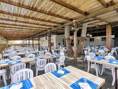 Duży zewnętrzny obszar restauracji z białymi plastikowymi krzesłami i niebieskimi podkładkami pod talerze pod dachówką ze słomy.