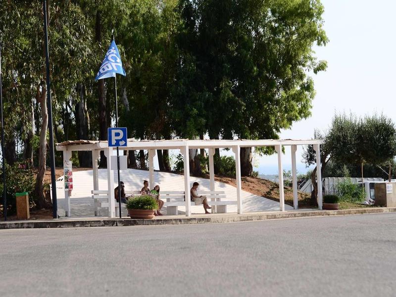 Parking z białymi ogrodzeniami i drzewami w tle obok ścieżki.