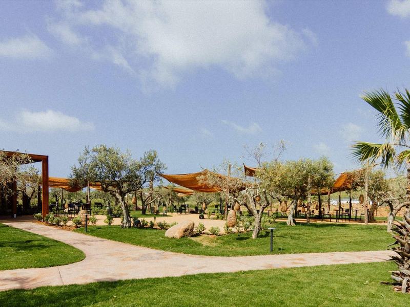 Zelená zahrada s palmami a stínicími konstrukcemi pod modrou oblohou