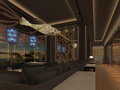 Moderner Wohnraum mit großen Fenstern, weichen Polstermöbeln, Holz- und Metallakzenten sowie Kunstdeko.