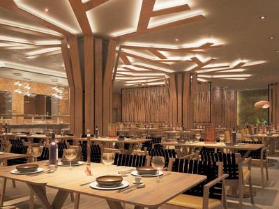 Moderner Restaurantinnenraum mit warmem Licht, Holzmöbeln und elegante Tischdekoration.