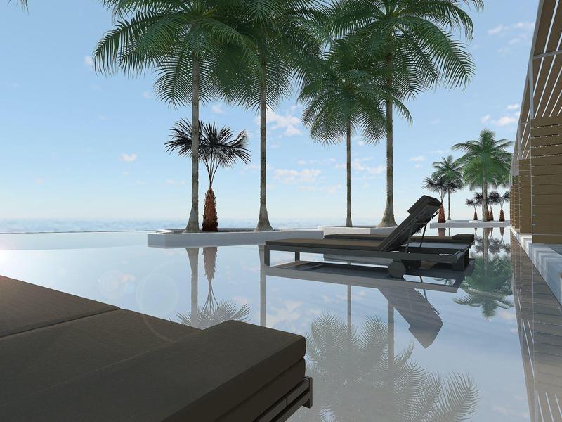 Moderner Poolbereich mit Palmen und Liegestühlen, reflektierende Wasseroberfläche, klare Himmel.