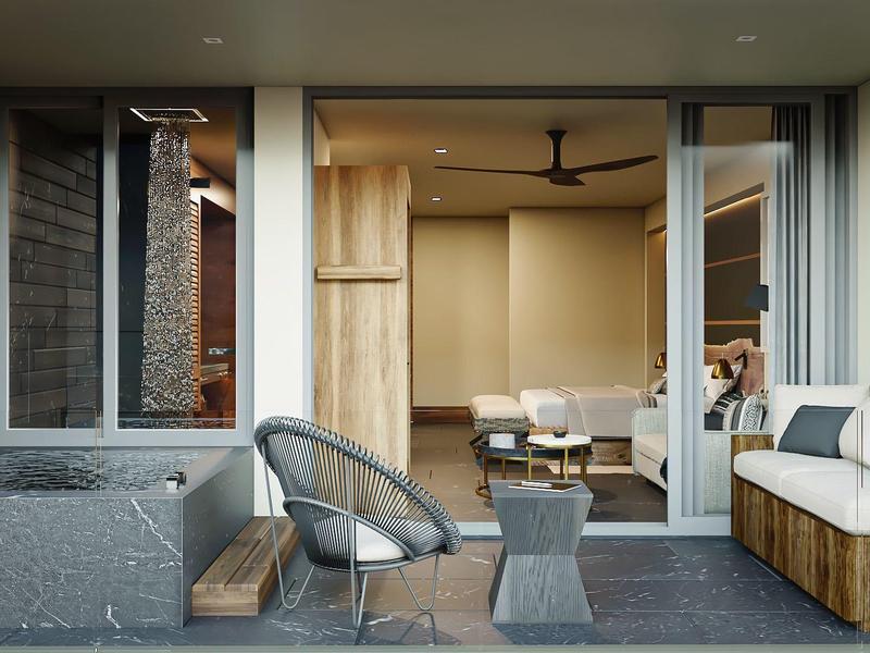 Moderner Wohnbereich mit Glastür, Holz- und Betonwänden, Loungesessel, Sofa und Pflanzen.