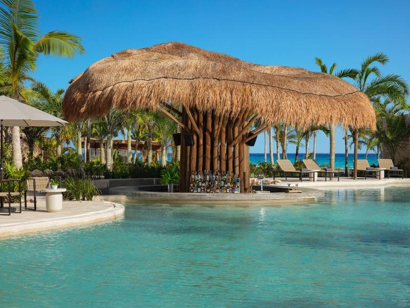 Großer Pool mit natürlichem Baum-Dach, Palmen, Sonnenschirmen und blauem Himmel im Hintergrund.