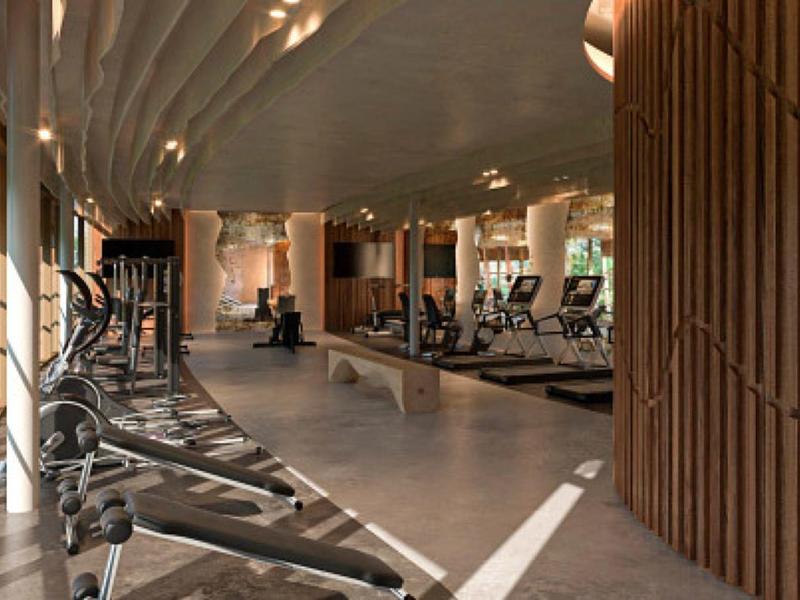 Jasna, nowoczesna siłownia z drewnianymi panelami i różnorodnym sprzętem do ćwiczeń.