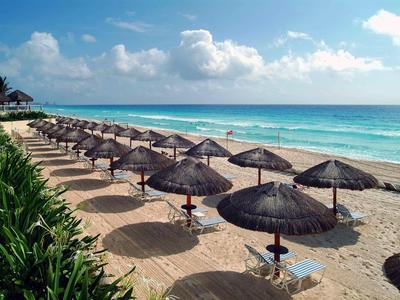 Reihe von Strohhut-Strandliegen am sandigen Meer mit blauem Himmel und Palmen.